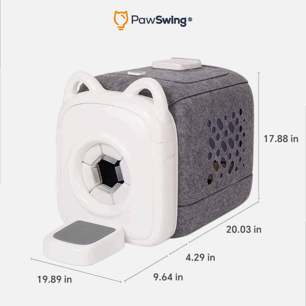 PawSwing AutoComb Pro Pflegegerät mit Katzenohren-Design, leicht gebraucht, mit angezeigten Maßen.