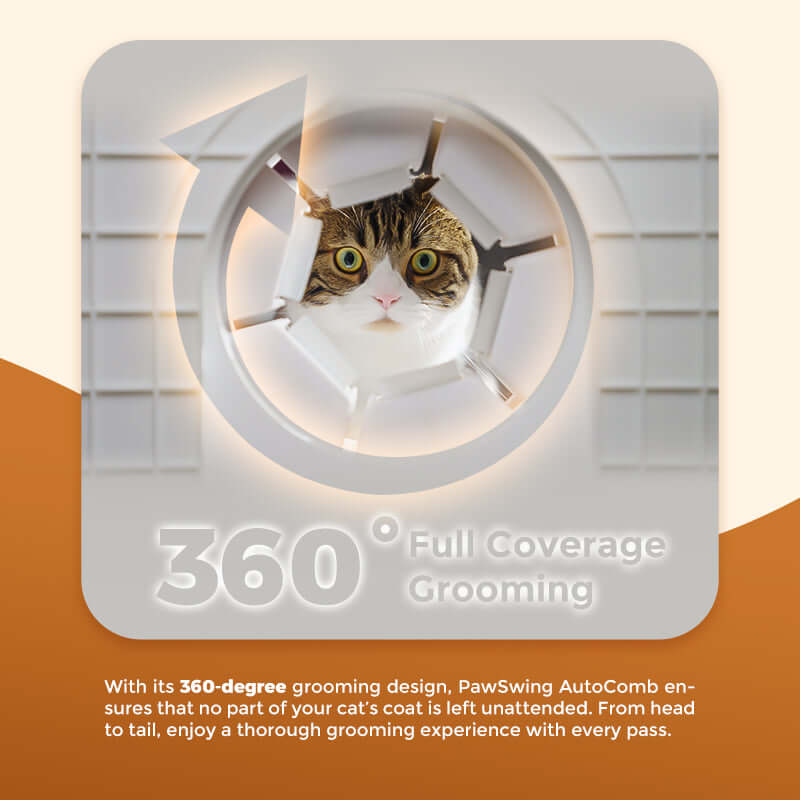 360-Grad-Pflegedesign des PawSwing AutoComb Pro für vollständige Abdeckung bei Katzen.