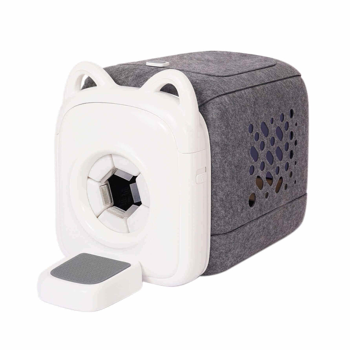 Graues PawSwing AutoComb Pro Pflegegerät mit Katzenohren-Design, perfekt für automatische Haustierpflege.