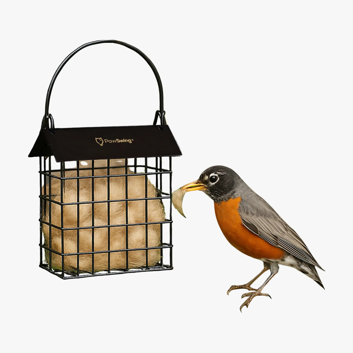 Studioaufnahme eines Vogels am PawSwing® Katzenhaar-Käfig, gefüllt mit natürlichen Fellresten