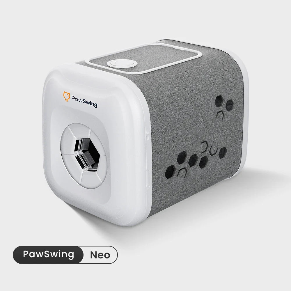 Elegantes PawSwing® Neo Katzenhaus zur Selbstpflege mit modernem grauem Filz und interaktiven Seitenschlitzen