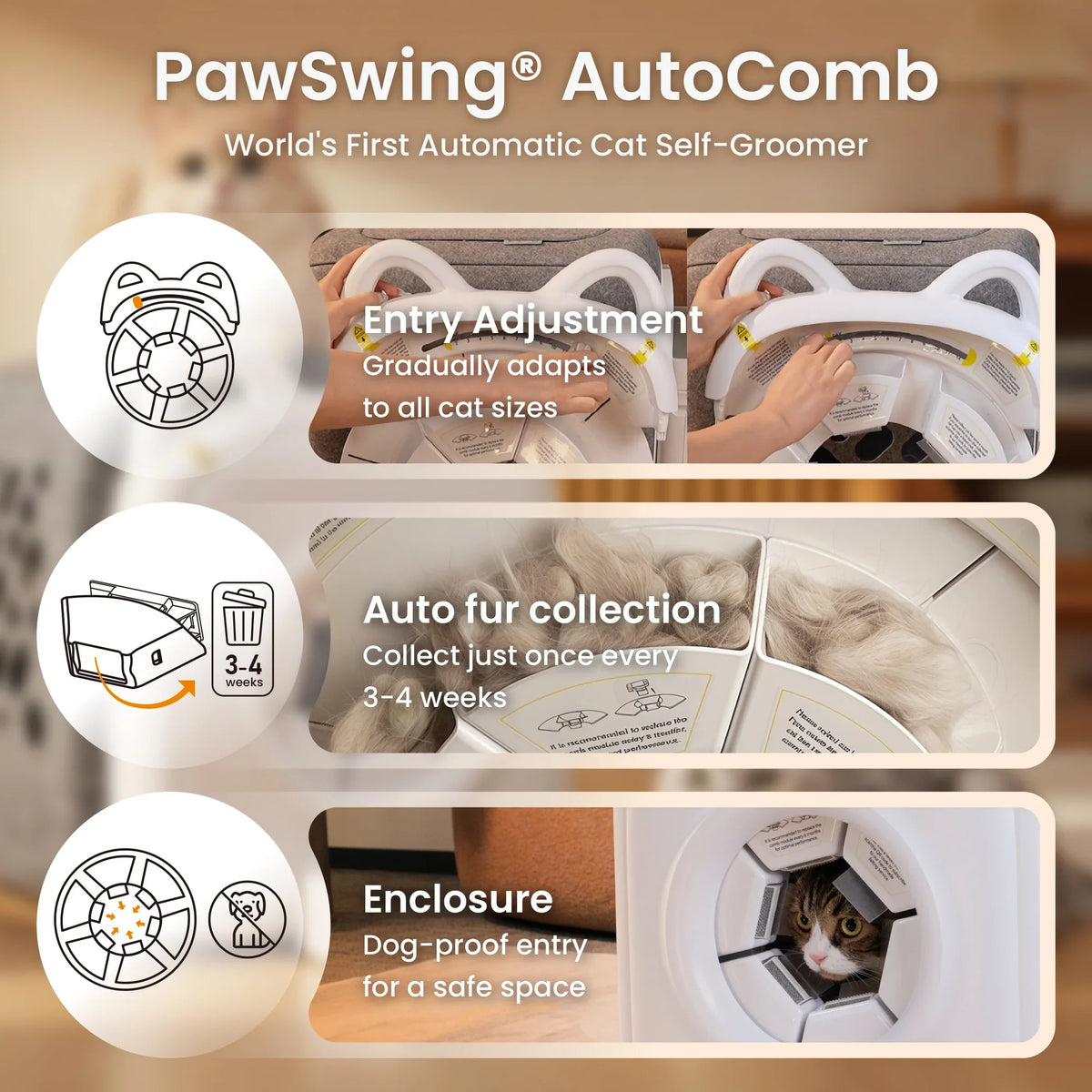 Funktionen des automatischen PawSwing® Pro Katzen-Pflegegeräts, einschließlich Eingangsanpassung und automatischem Fellauffangbehälter